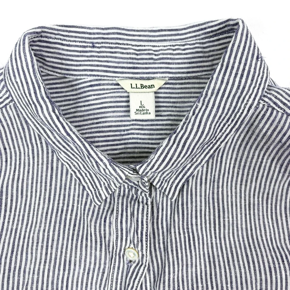 LL Bean Premium Washable Linen Button Up Shirt Womens Sz L White Blue Tunic - Picture 8 of 16